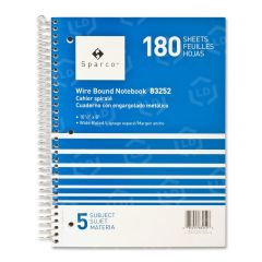 Sparco Quality Wirebound 5-Subject Notebook - 180 Sheet - 16.00 lb - Legal/Wide Ruled - 8" x 10.50"