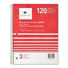 Sparco 3-Subject Quality Wirebound Notebook - 120 Sheet - College Ruled - 8" x 10.50"