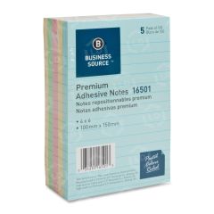 Business Source Ruled Adhesive Note - 5 per pack - 4" x 6" - Pastel