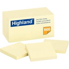 Highland Self Sticking Note - 18 per pack - 3" x 3" - Yellow