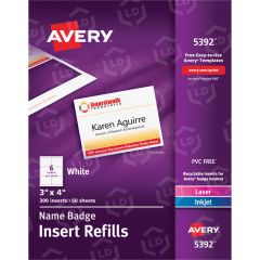 Avery 4" x 3" Rectangle Name Badge Insert Refill - 300 per box