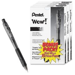 Pentel Retractable Rubber Grip Ballpoint Pen, Black - 12 Pack