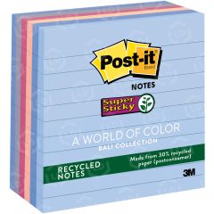 Post-it Recycled Super Sticky Lined Notes in Bali Colors - 6 per pack - 4" x 4" - Assorted