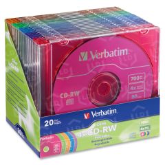 Verbatim CD-RW 700MB 2X-4X DataLifePlus with Color Branded Surface and Matching Case - 20pk Slim Case, Assorted - 20 per pack