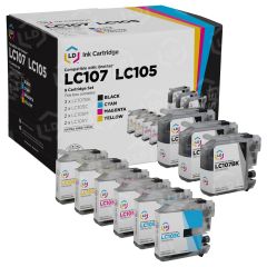 Set of 9 Brother Compatible LC107 and LC105 Super HY Ink Cartridges: 3 BK and 2 each of CMY