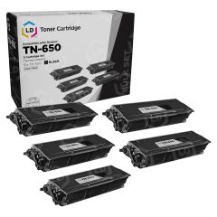 5 Pack of Brother TN650 High Yield Black Compatible Toner Cartridges