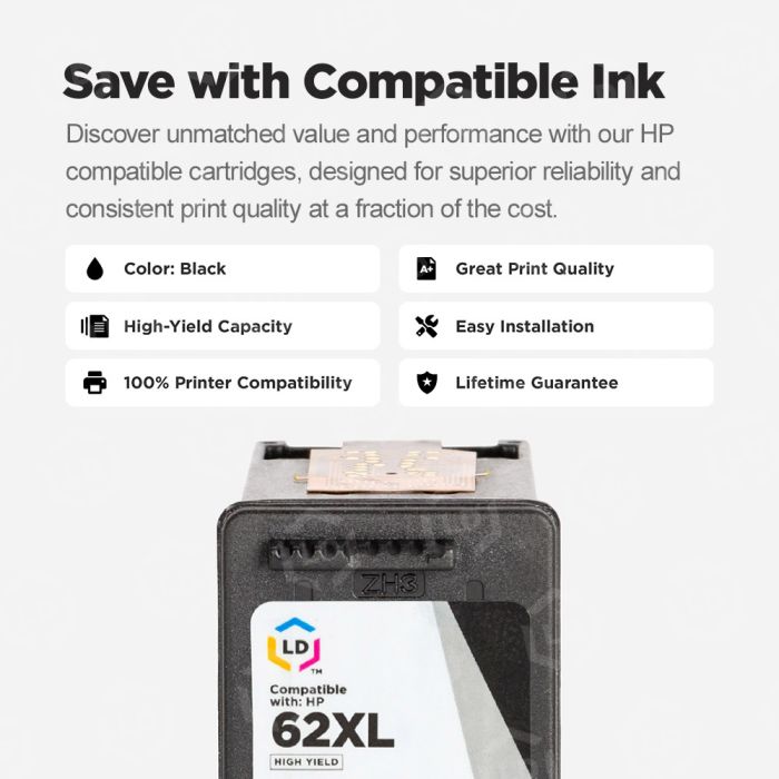 HP 62XL Black High Yield Ink (C2P05AN) - Lower Cost Option - LD