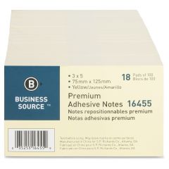 Business Source Adhesive Note Pad - 18 per pack - 3" x 5" - Yellow