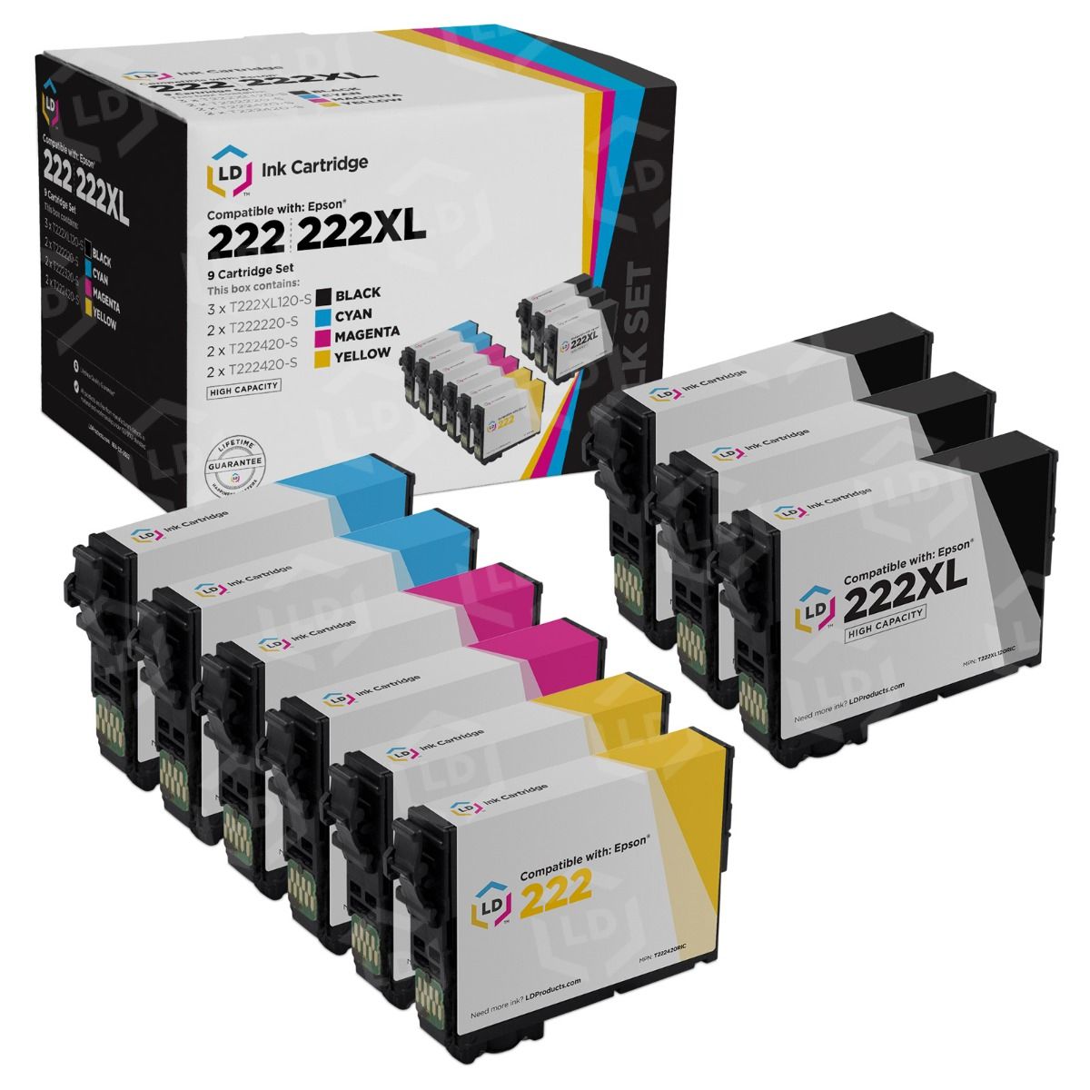 Remanufactured Epson 222XL HY Black & 222 CMY Bulk Set of 9 - LD