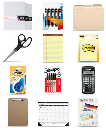 Office Supplies: scissors, note pad, calculiator, folders, markets and more 